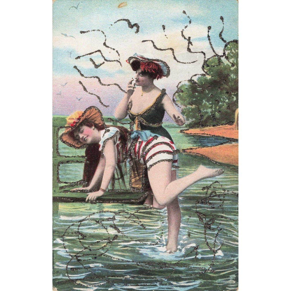 Antique Glitter Bathing Beauties Postcard Serie 845 Edwardian Swimwear Beach VG- - Picture 1 of 2